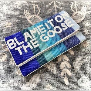 Blame It On The Goose" blue ombré beaded clutch bag